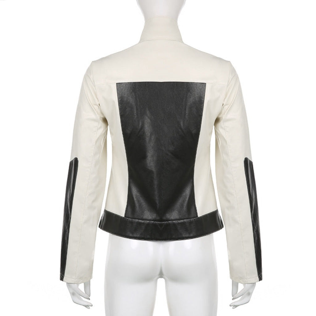 Women's Patchwork Leather Jacket: Slim Collared Casual Elegance