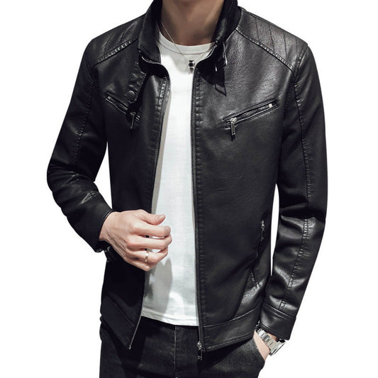 Men's leather zipper cardigan men's jacket Black