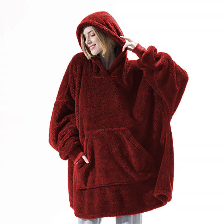 Hoodie Sweatshirt With Big Pocket Tops Sweater Comfortable Loose Double-Sided Fleece Thicker Wearable Blanket Wine Red One size