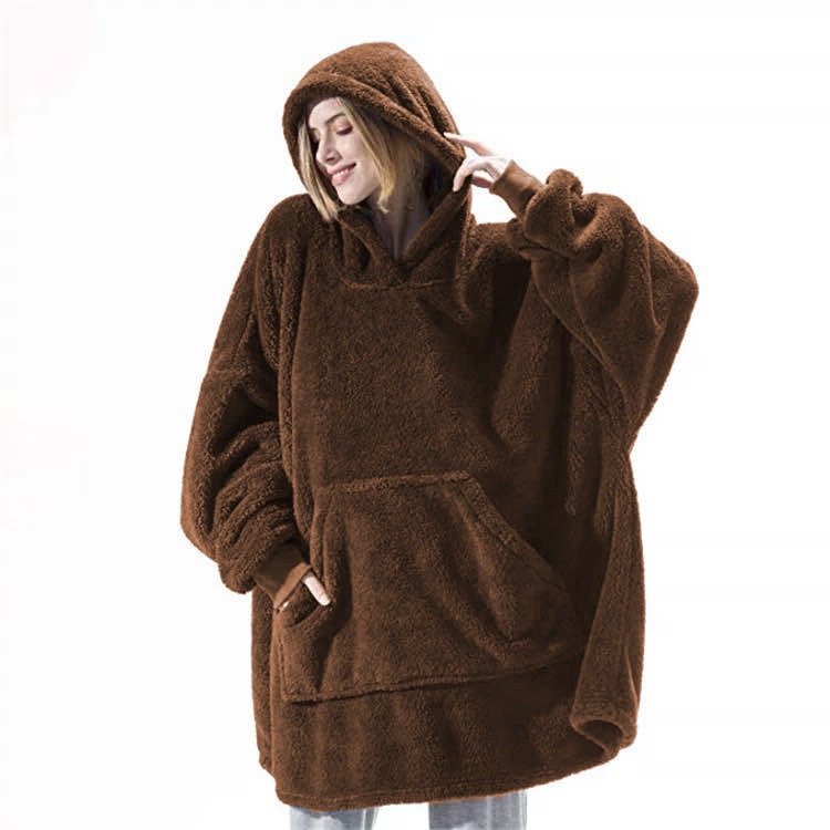 Hoodie Sweatshirt With Big Pocket Tops Sweater Comfortable Loose Double-Sided Fleece Thicker Wearable Blanket Coffee One size