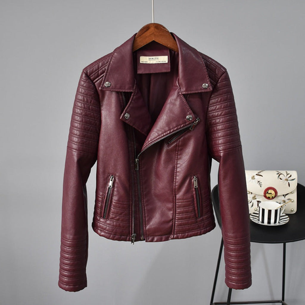 Rivet Suit Collar Women Washed PU Leather Jacket