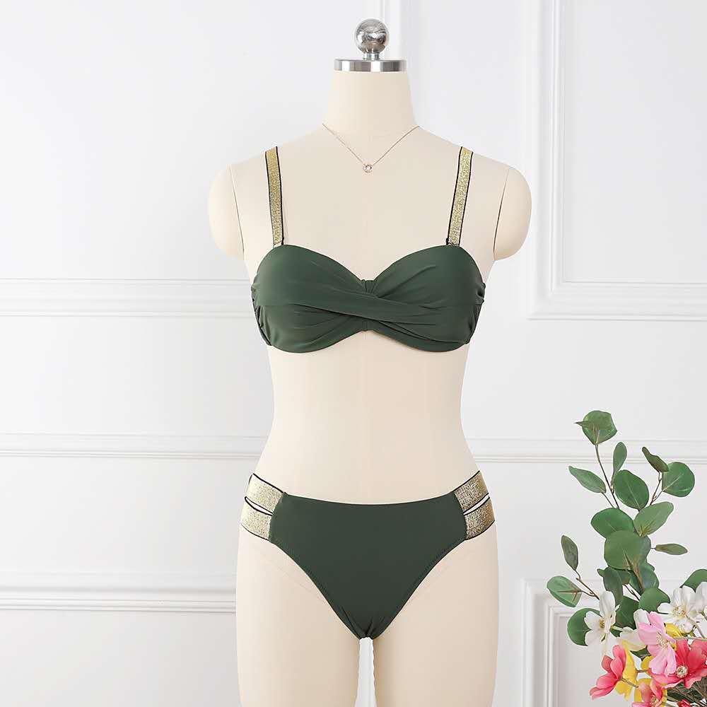 Bikini Sets Solid Color Swimsuit Sexy Mid-Waist Bandeau Gather Cup Bikinis Women Swimwear Female Bathing Suits Beach Wear Army Green