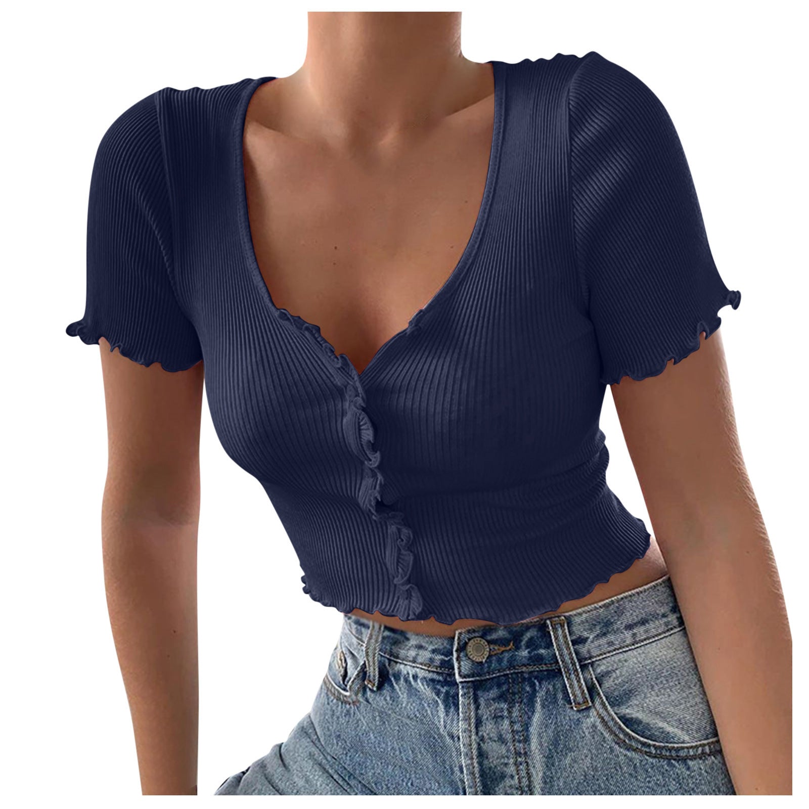 V Neck Ruffles Short Sleeve T Shirt Women Summer Casual Button Crop Top Basic Blue T Shirt Tops