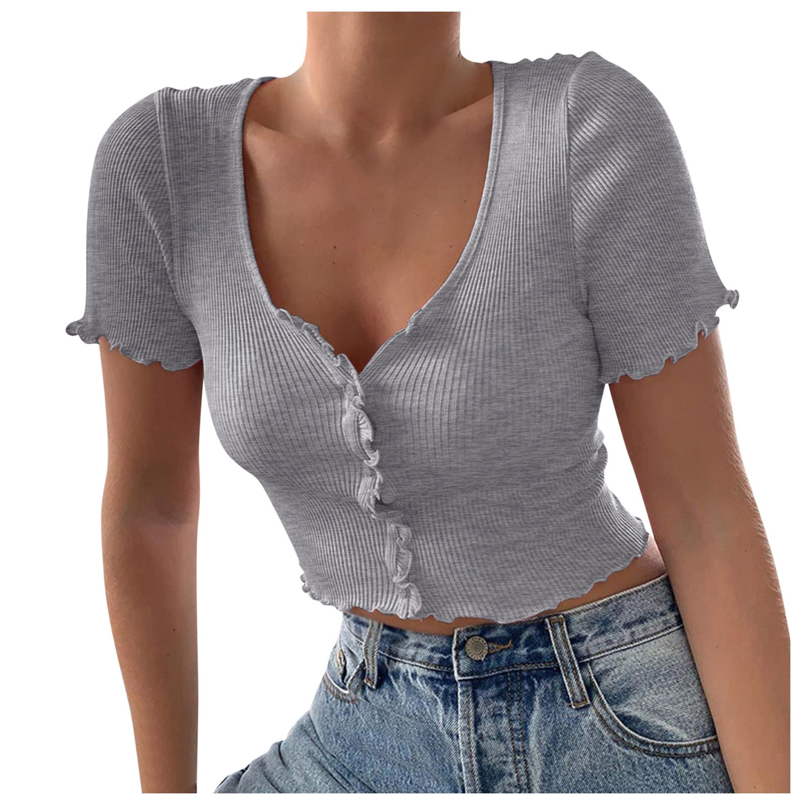 V Neck Ruffles Short Sleeve T Shirt Women Summer Casual Button Crop Top Basic Blue T Shirt Tops Grey