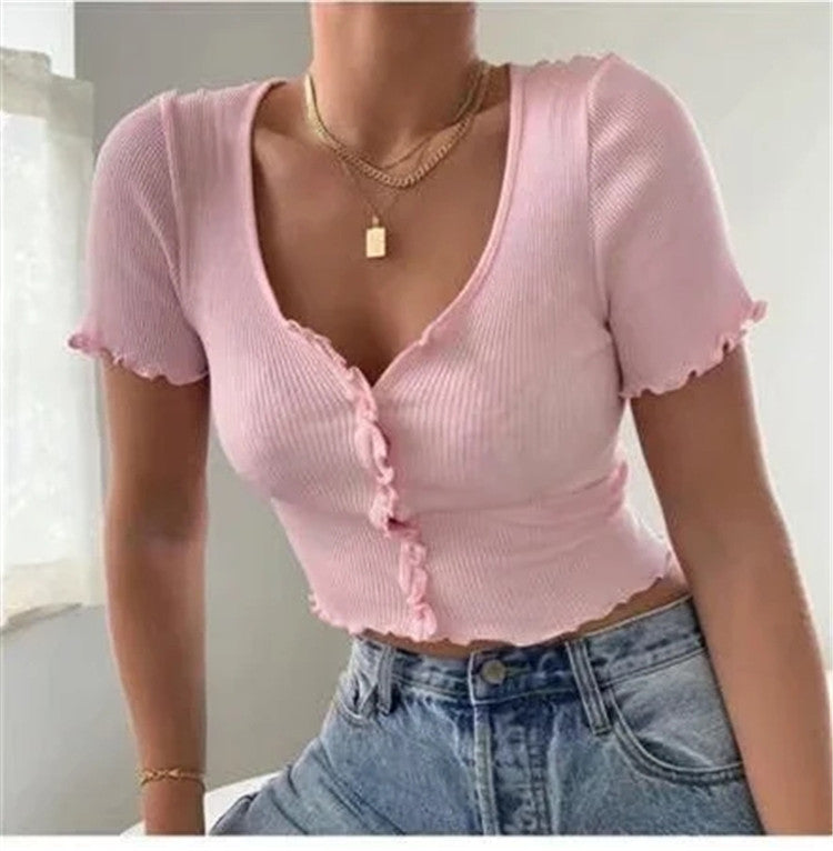 V Neck Ruffles Short Sleeve T Shirt Women Summer Casual Button Crop Top Basic Blue T Shirt Tops Pink XL