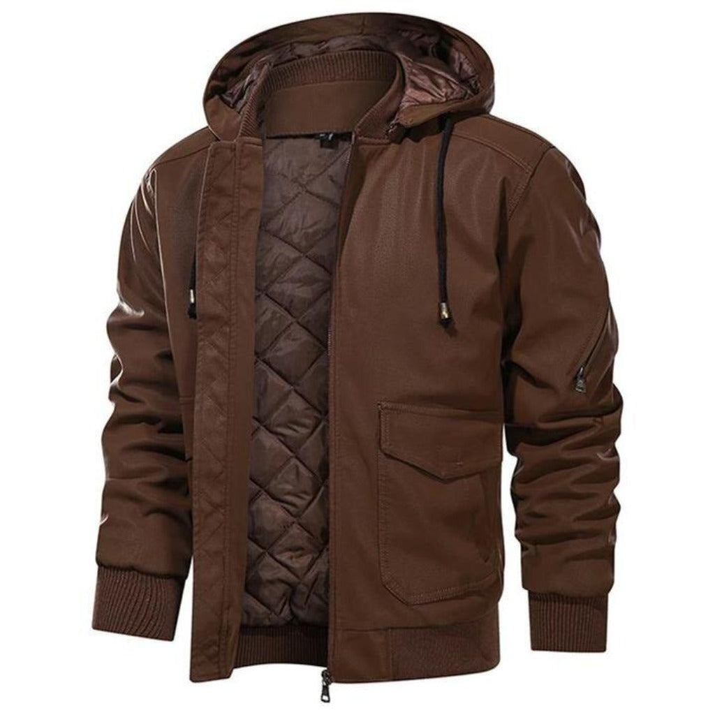 Men's Brown Leather Motorcycle Jacket with Removable Hood