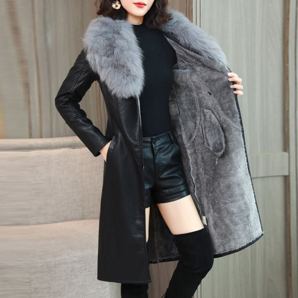 Women's Velvet Warm Long Leather Jacket