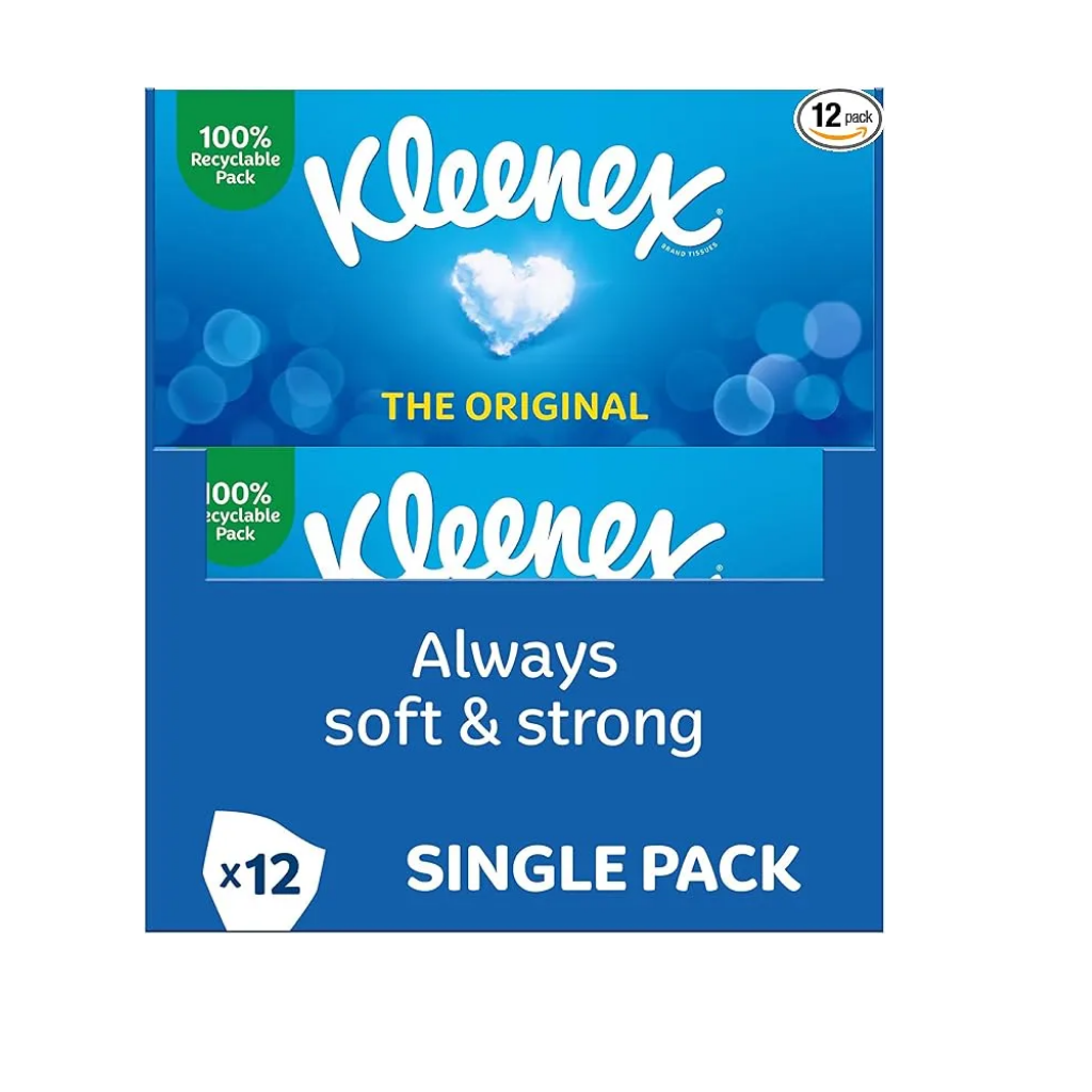 Kleenex Original Facial Tissues - Pack of 12 Tissue Boxes - Soft Tissues for Everyday Use - Gentle on Your Family's Skin with a Touch of Cotton