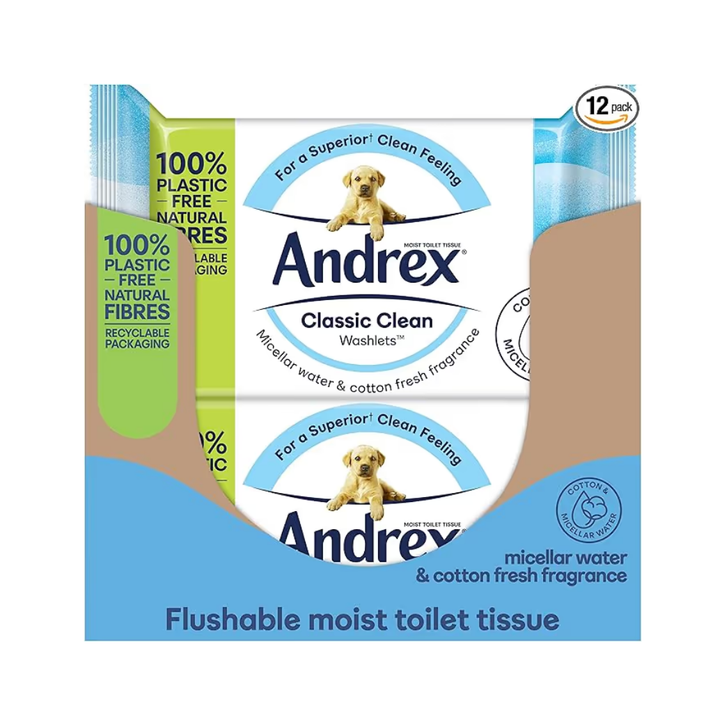 Andrex Classic Clean Washlets, 12 Packs, Flushable Toilet Tissue Wet Wipes with Micellar Water-Biodegradable & Plastic-Free - Use with Regular Toilet Roll for a Shower Fresh Clean