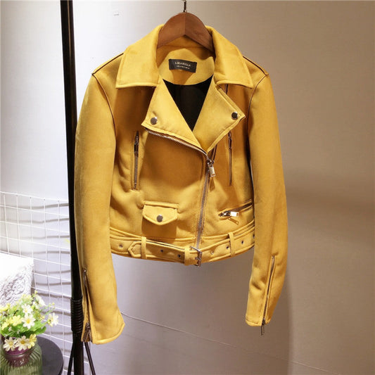 Women's Suede Leather Motorcycle Jacket with Plush Fleece Lining