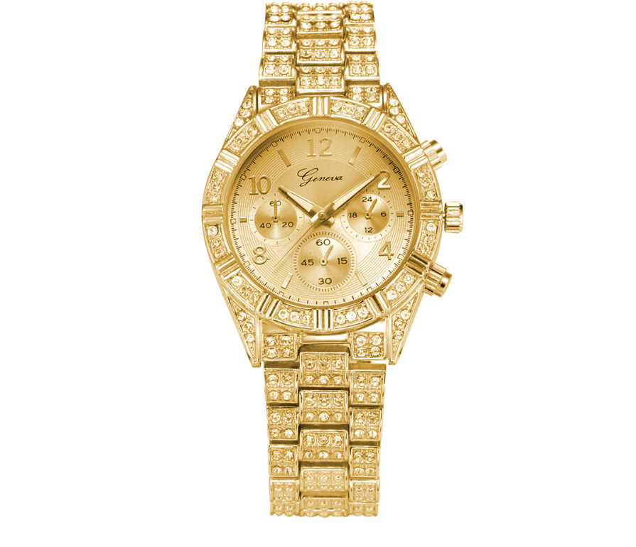 Elegant Women's Crystal Quartz Analog Wrist Watch: Fashionable Stainless Steel Geneva Luxury Timepiece Gold