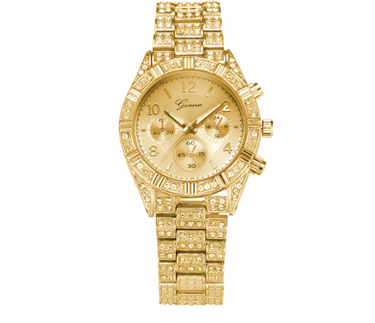 Elegant Women's Crystal Quartz Analog Wrist Watch: Fashionable Stainless Steel Geneva Luxury Timepiece Gold