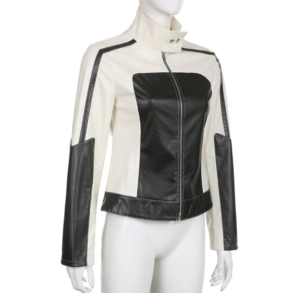 Women's Patchwork Leather Jacket: Slim Collared Casual Elegance