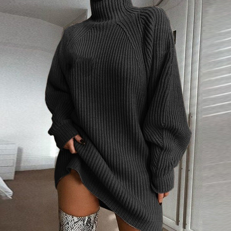 Solid Turtleneck Long Sweater Winter Warm Women Sweater Dress Dark grey