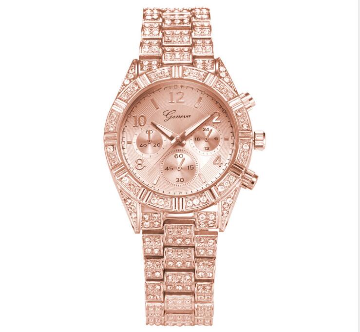 Elegant Women's Crystal Quartz Analog Wrist Watch: Fashionable Stainless Steel Geneva Luxury Timepiece Rose gold