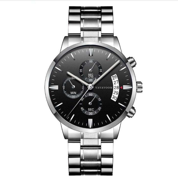 Men's Stainless Steel Watches with Business Leisure Calendar Quartz Watches Waterproof Black Refined Steel Watches G001 Black Silver Chain