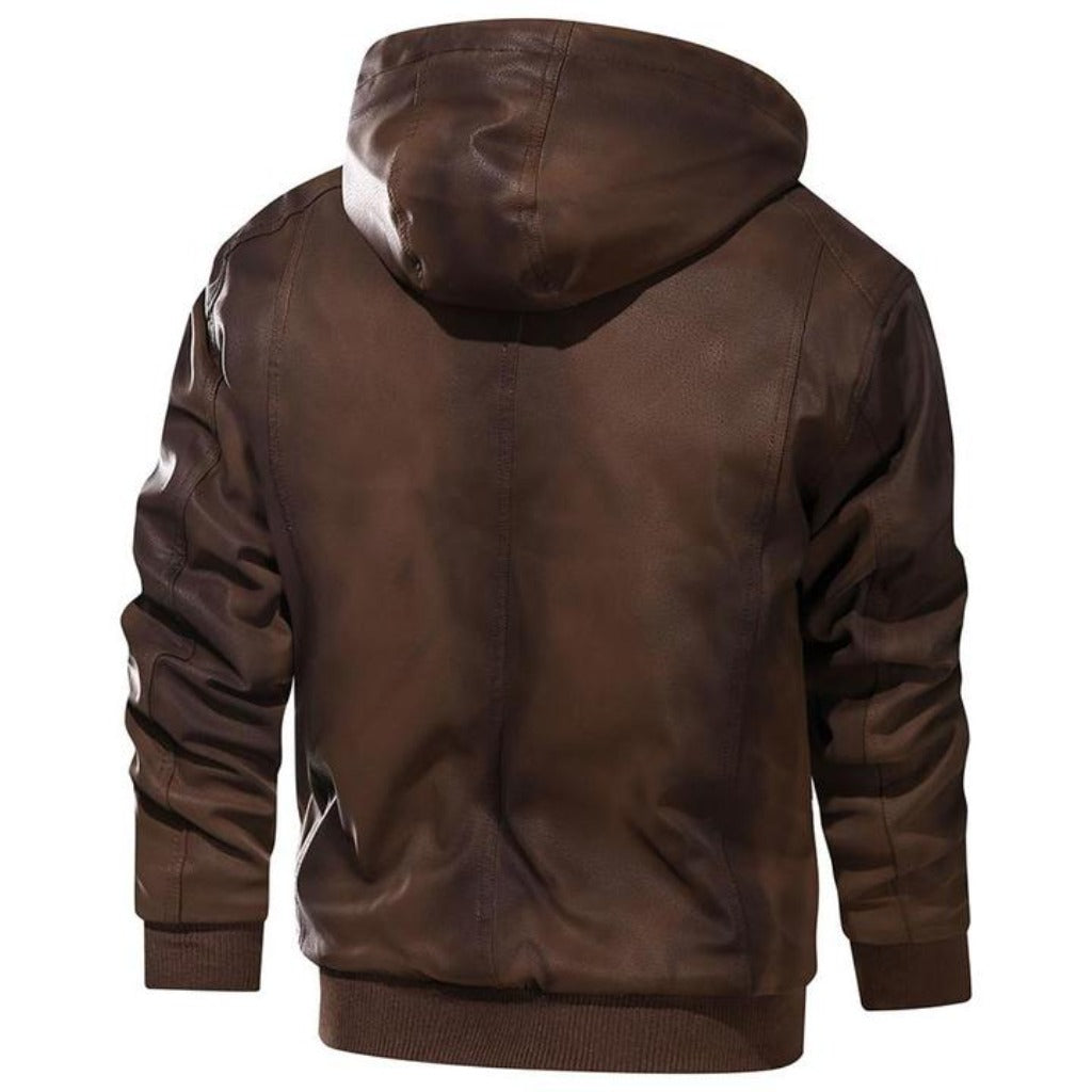 Men's Brown Leather Motorcycle Jacket with Removable Hood