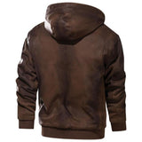 Men's Brown Leather Motorcycle Jacket with Removable Hood