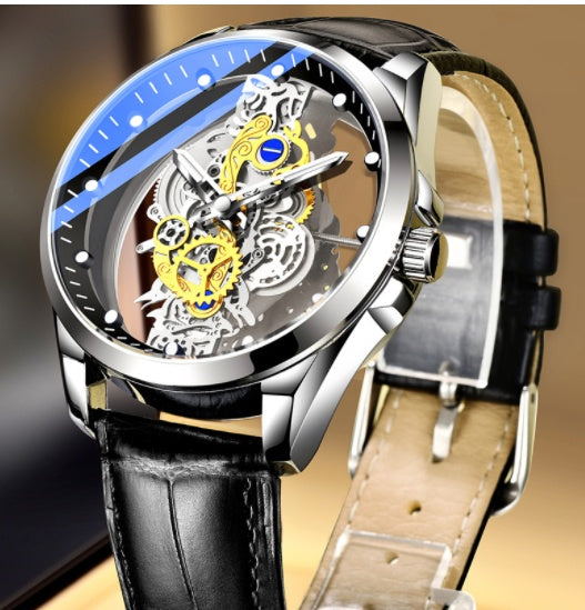 Men Watch Skeleton Automatic Quartz Watch Gold Skeleton Vintage Man Watch Mens Watches Top Brand Luxury Black leather