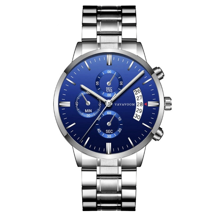 Men's Stainless Steel Watches with Business Leisure Calendar Quartz Watches Waterproof Black Refined Steel Watches G001 Blue Silver Chain