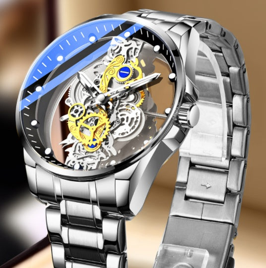 Men Watch Skeleton Automatic Quartz Watch Gold Skeleton Vintage Man Watch Mens Watches Top Brand Luxury Silver steel