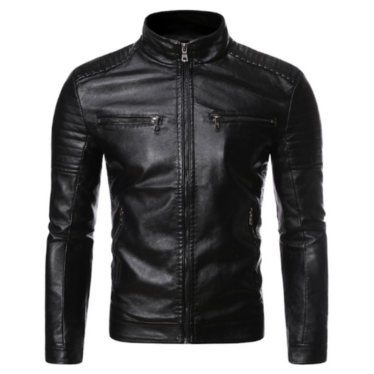 Men's Stand Collar Motorcycle Leather Jacket Black