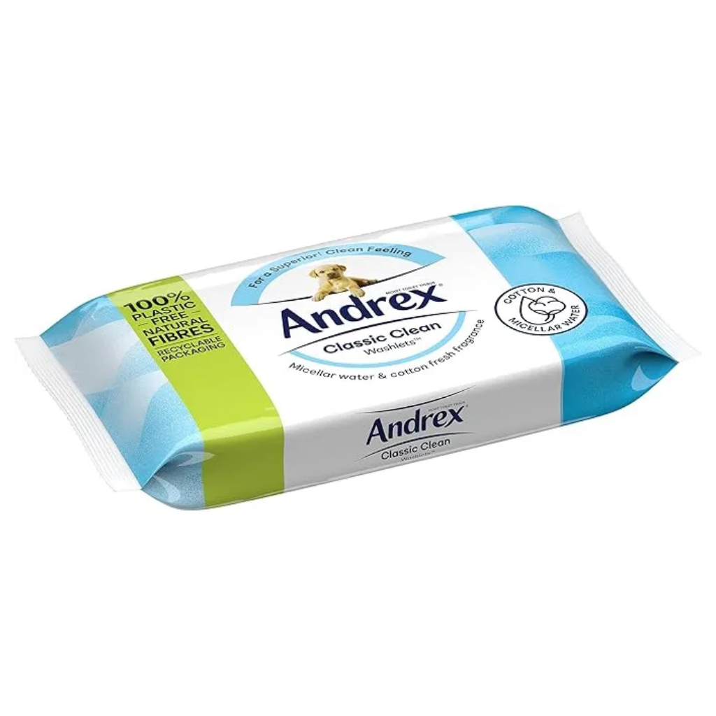 Andrex Classic Clean Washlets, 12 Packs, Flushable Toilet Tissue Wet Wipes with Micellar Water-Biodegradable & Plastic