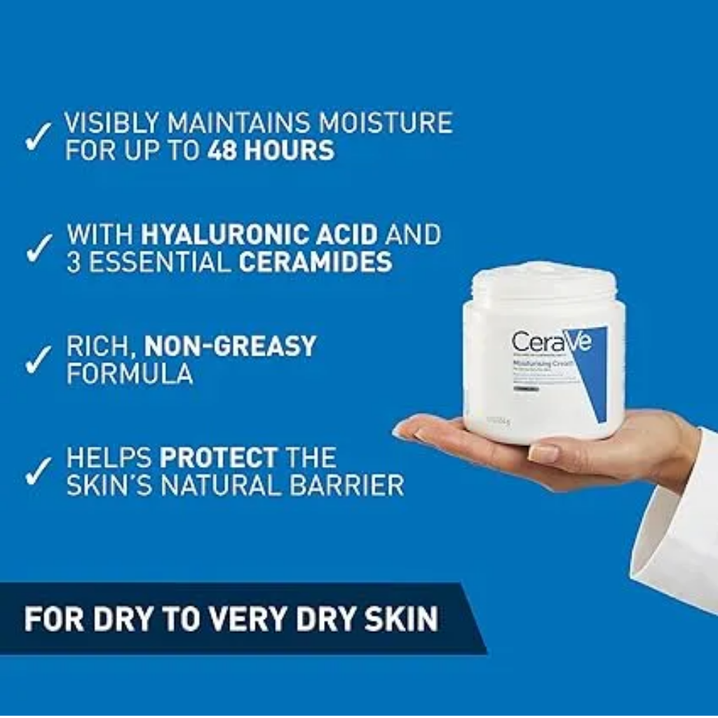 CeraVe Moisturising Cream for Dry to Very Dry Skin 454g, Face and Body Moisturiser with Hyaluronic Acid & 3 Essential Ceramides, CeraVe Body and Face Cream