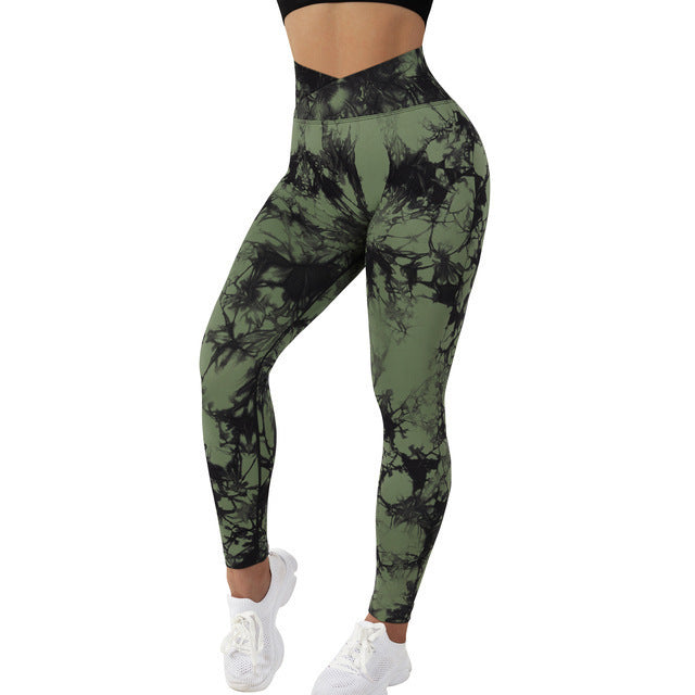 Sculpted Splendor: Seamless Tie-Dye Yoga Pants for Women Army green