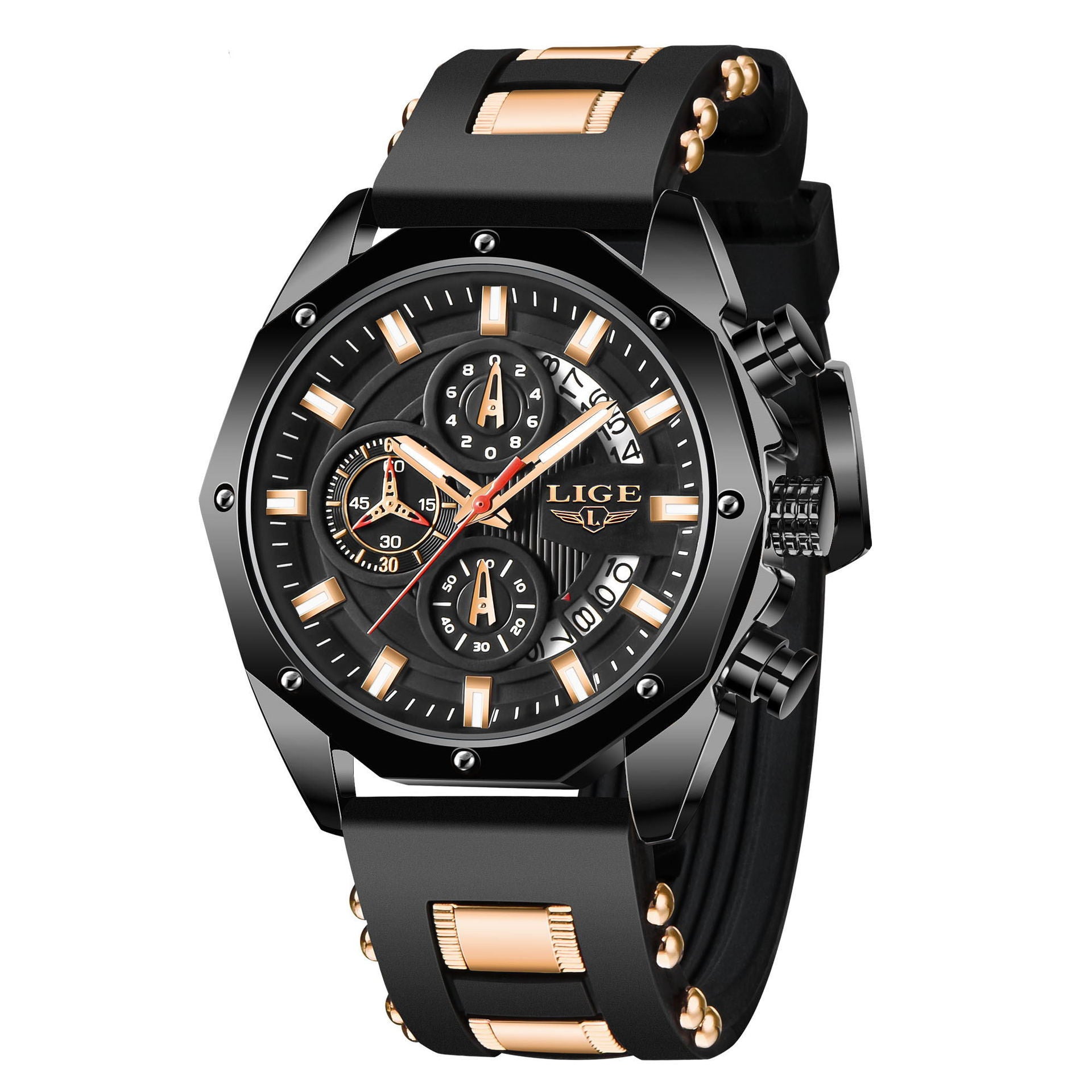 Fashion Mens Watches Top Brand Luxury Silicone Sport Watch Men Quartz Date Clock Waterproof Wristwatch Chronograph Black