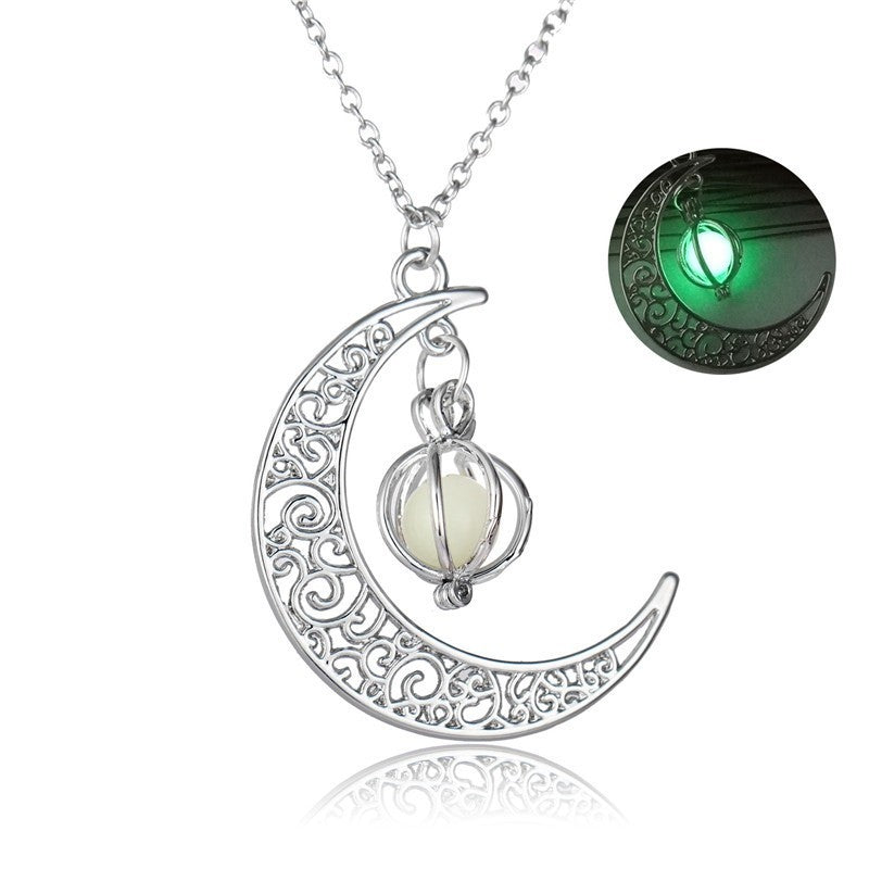 Fashion Moon Natural Glowing Stone Healing Necklace Women Gift Charm Luminous Pendant Necklace Jewelry Green