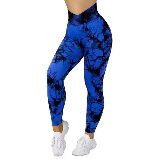 Sculpted Splendor: Seamless Tie-Dye Yoga Pants for Women Blue