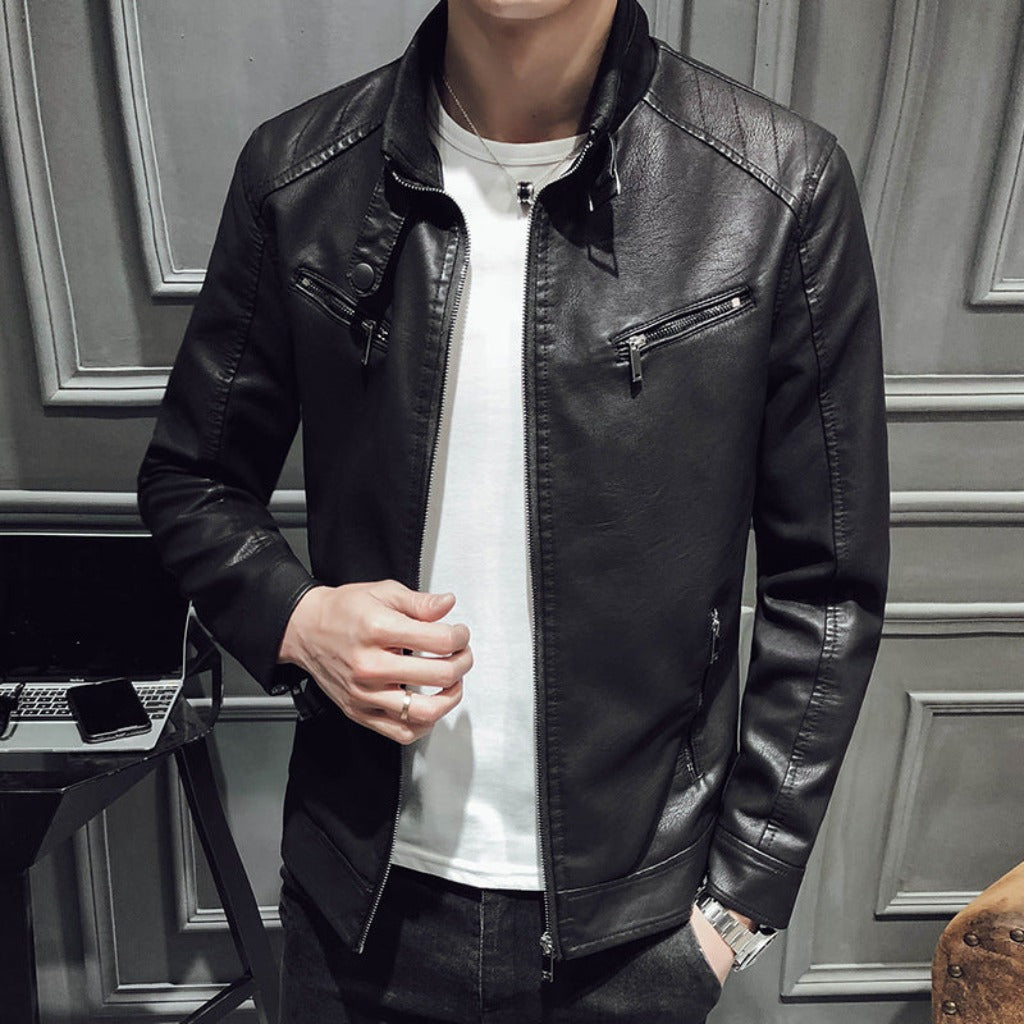 Men's leather zipper cardigan men's jacket Black