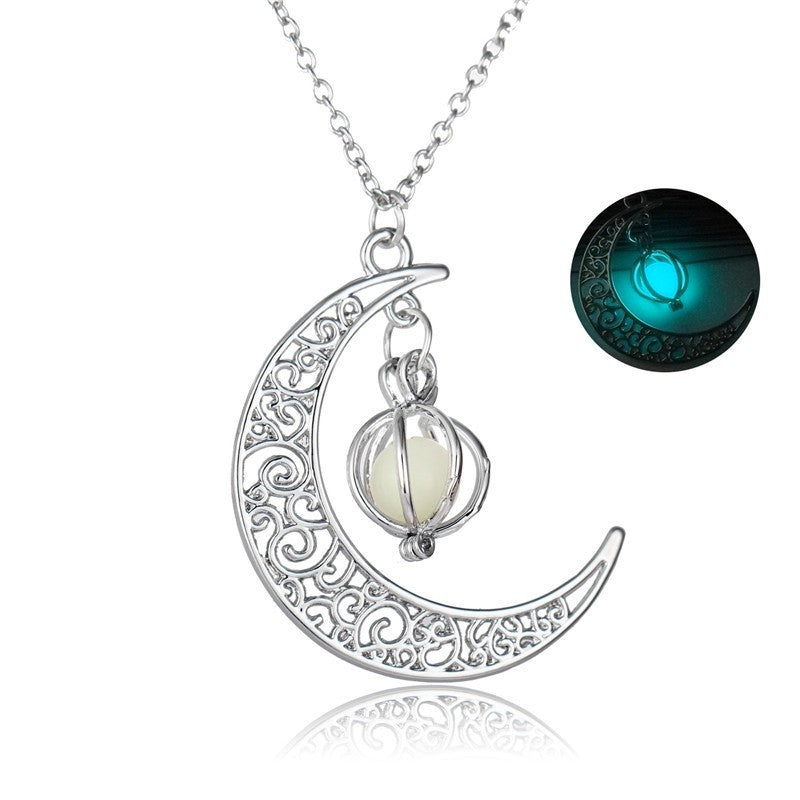 Fashion Moon Natural Glowing Stone Healing Necklace Women Gift Charm Luminous Pendant Necklace Jewelry Light Blue