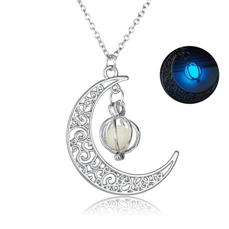 Fashion Moon Natural Glowing Stone Healing Necklace Women Gift Charm Luminous Pendant Necklace Jewelry Blue