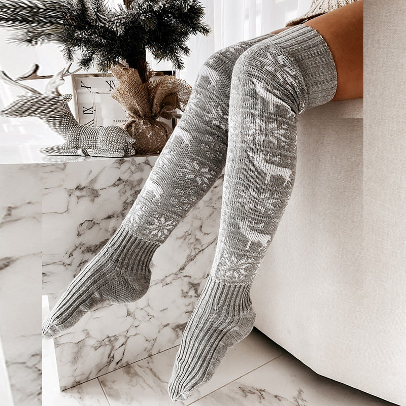 Winter Christmas Warm Knitted Women Stocking Beautiful Elk Snowflake Jacquard Over-the-knee Casual Long Socks For Ladies Gifts Free Size Gray Average Size