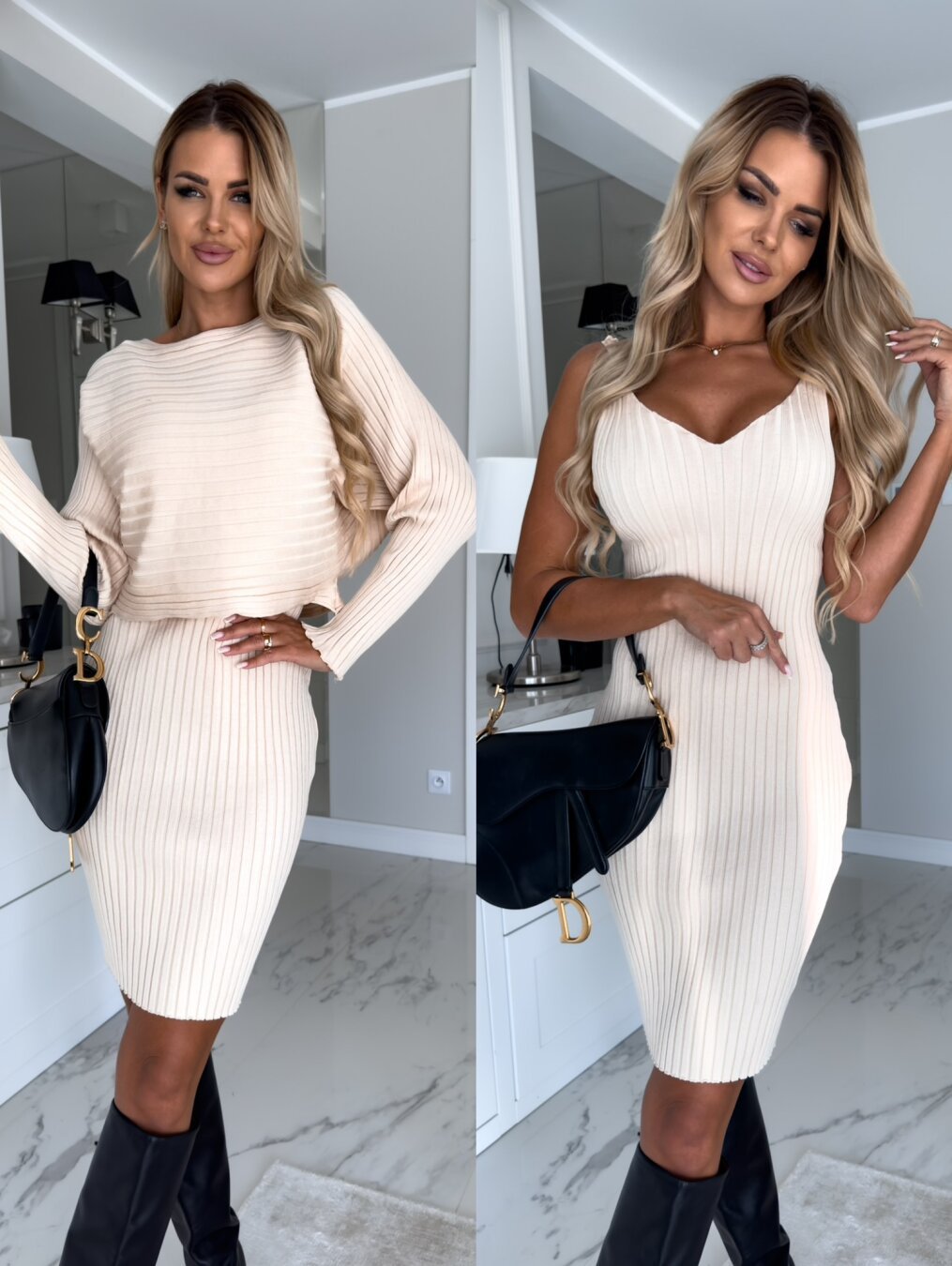 2pcs Suit Women's Solid Stripe Long-sleeved Top And Tight Suspender Skirt Fashion Autumn Winter Slim Clothing Beige