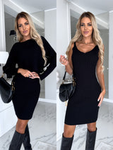 2pcs Suit Women's Solid Stripe Long-sleeved Top And Tight Suspender Skirt Fashion Autumn Winter Slim Clothing Black