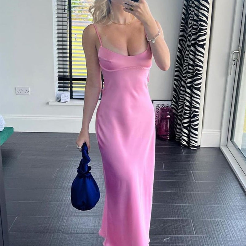 Women Camis Satin Long Dresses Elegant Sleeveless Slip Holiday Party Dresses Sexy Casual Backless Summer Dresses Pink