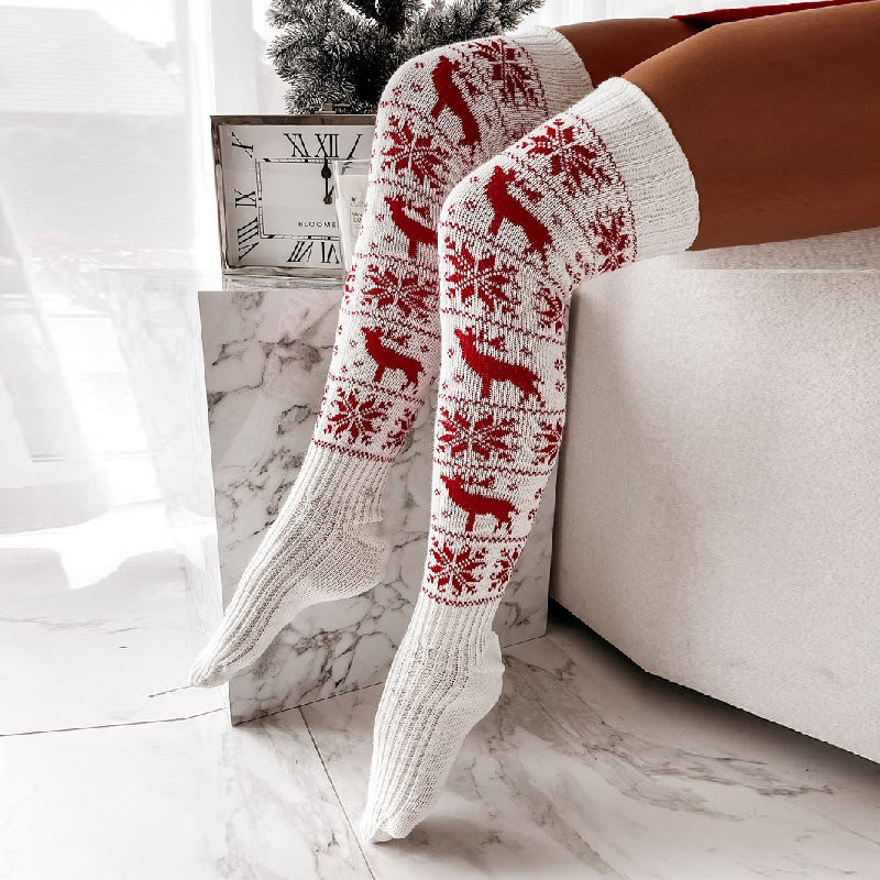 Winter Christmas Warm Knitted Women Stocking Beautiful Elk Snowflake Jacquard Over-the-knee Casual Long Socks For Ladies Gifts Free Size White Average Size