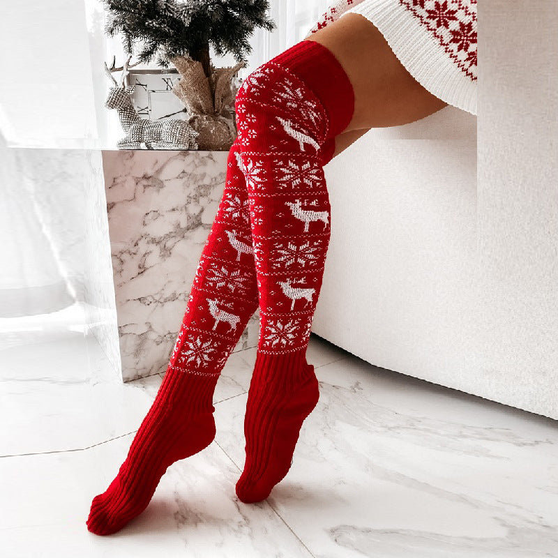 Winter Christmas Warm Knitted Women Stocking Beautiful Elk Snowflake Jacquard Over-the-knee Casual Long Socks For Ladies Gifts Free Size Red Average Size