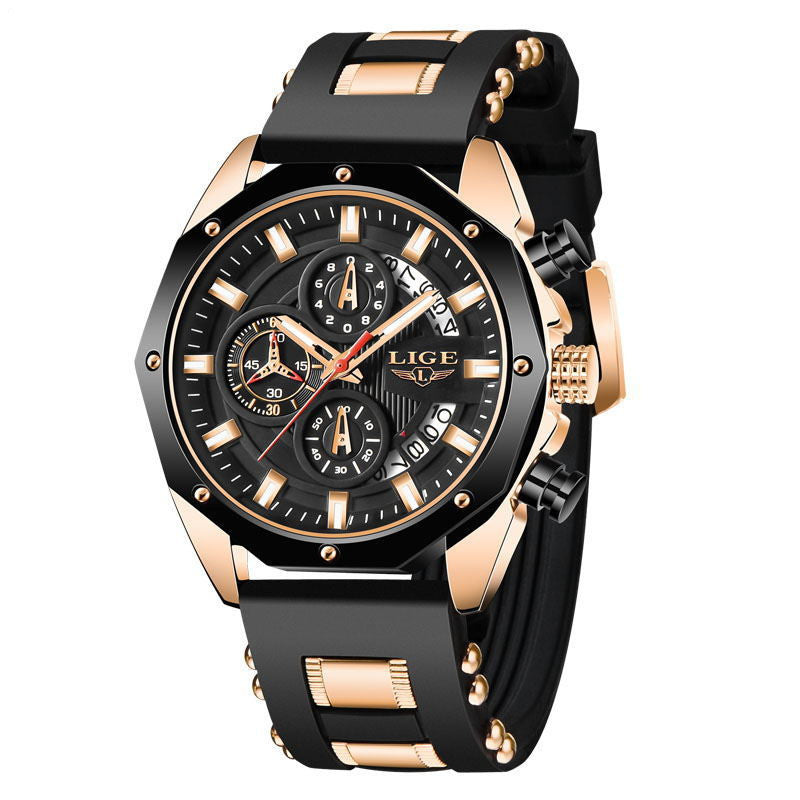 Fashion Mens Watches Top Brand Luxury Silicone Sport Watch Men Quartz Date Clock Waterproof Wristwatch Chronograph Gold black