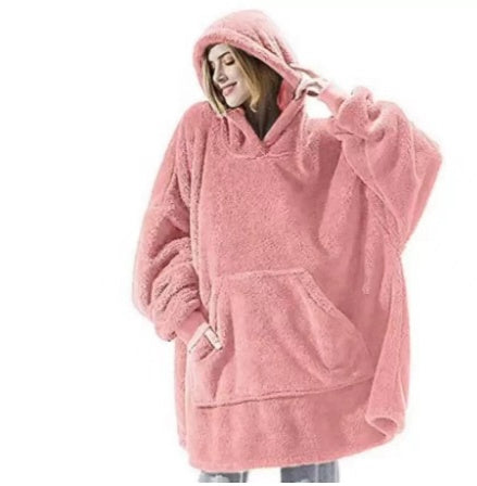 Hoodie Sweatshirt With Big Pocket Tops Sweater Comfortable Loose Double-Sided Fleece Thicker Wearable Blanket Pink One size