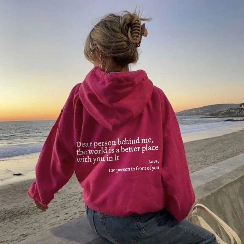 Dear Person Behind Me,the World Is A Better Place,with You In It,love,the Person In Front Of You,Women's Plush Letter Printed Kangaroo Pocket Drawstring Printed Hoodie Unisex Trendy Hoodies Red