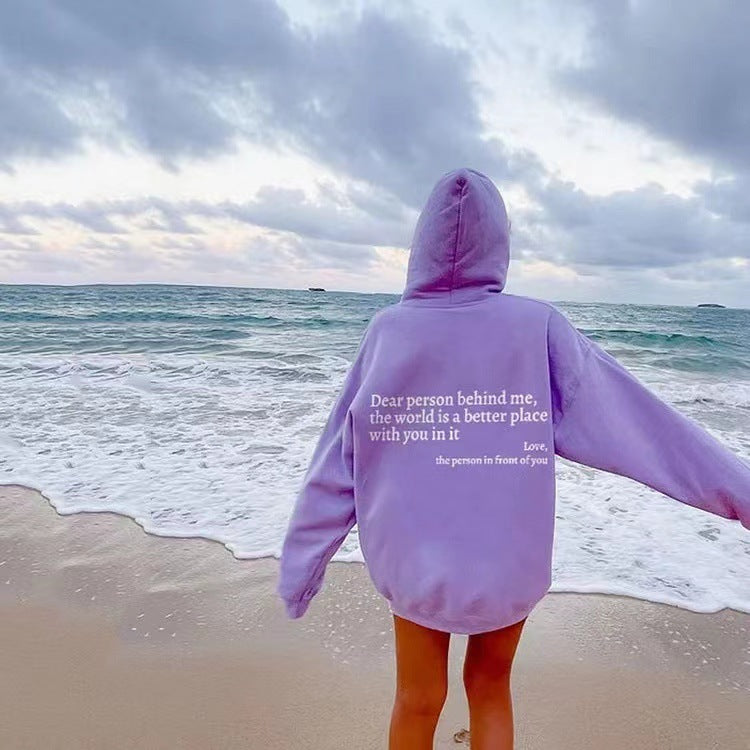 Dear Person Behind Me,the World Is A Better Place,with You In It,love,the Person In Front Of You,Women's Plush Letter Printed Kangaroo Pocket Drawstring Printed Hoodie Unisex Trendy Hoodies Purple