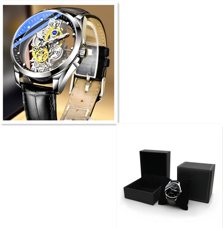 Men Watch Skeleton Automatic Quartz Watch Gold Skeleton Vintage Man Watch Mens Watches Top Brand Luxury Black leather with box