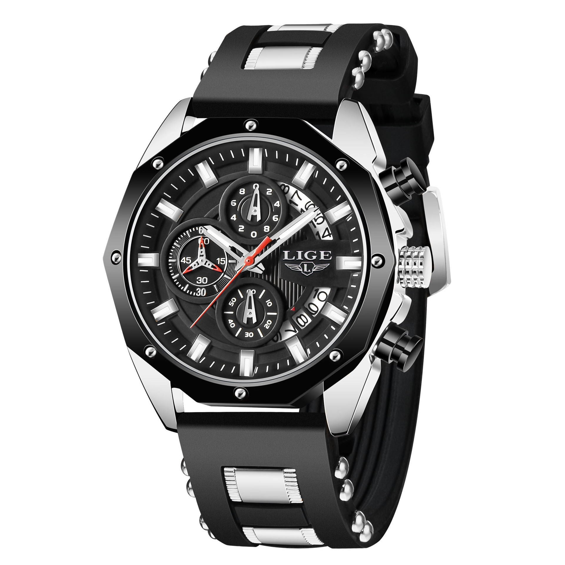 Fashion Mens Watches Top Brand Luxury Silicone Sport Watch Men Quartz Date Clock Waterproof Wristwatch Chronograph Silver black