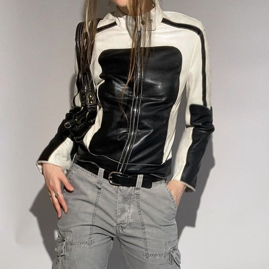 Women's Patchwork Leather Jacket: Slim Collared Casual Elegance